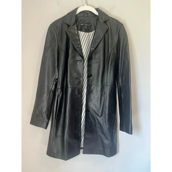 Vintage 90's Y2K Kenneth Cole Reaction Leather Long Jacket in Black sz. XS - Picture 1 of 10